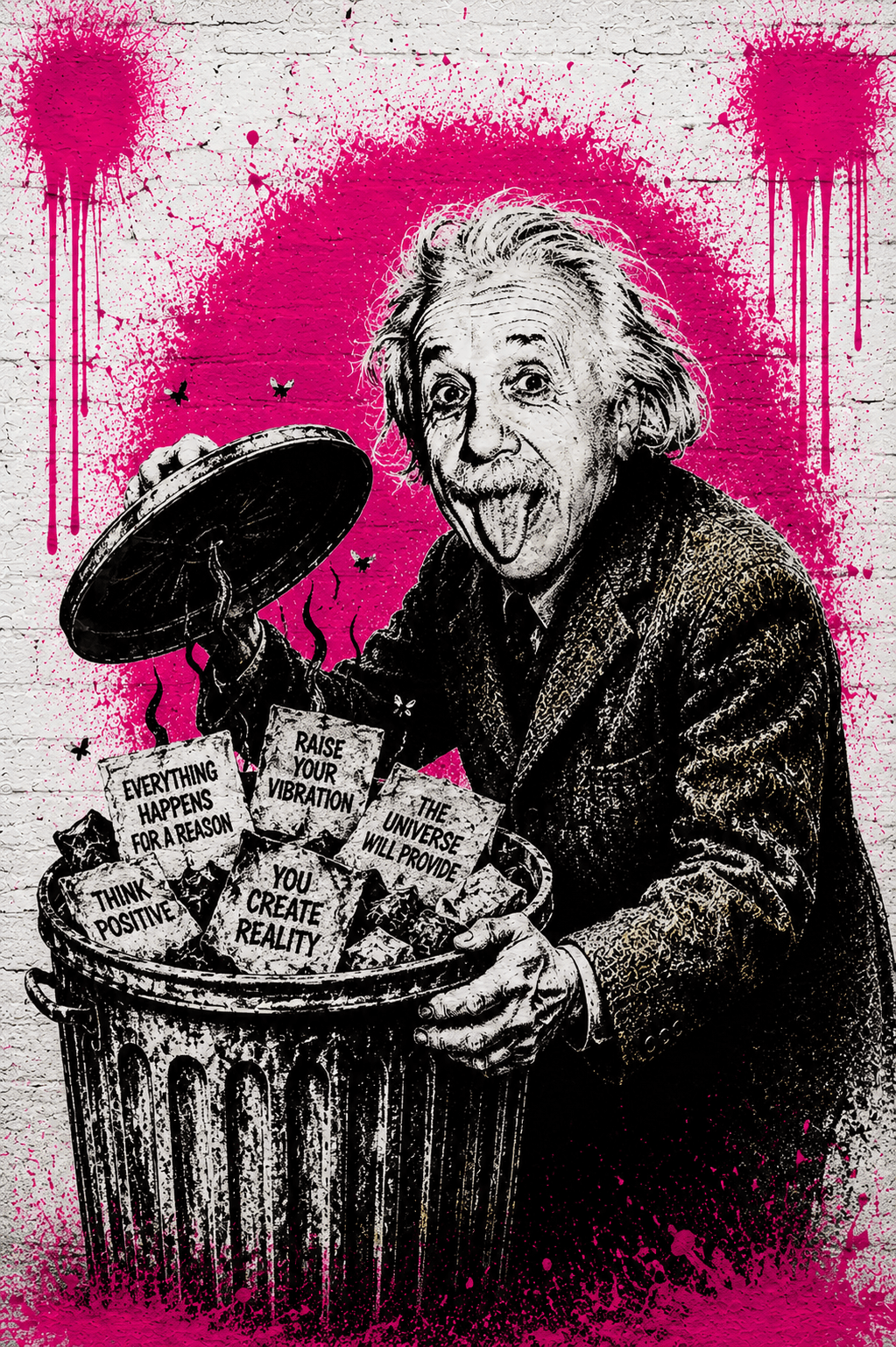 Albert Einstein throws manifestation slogans — 'everything happens for a reason', 'you create reality' — into a trash can.