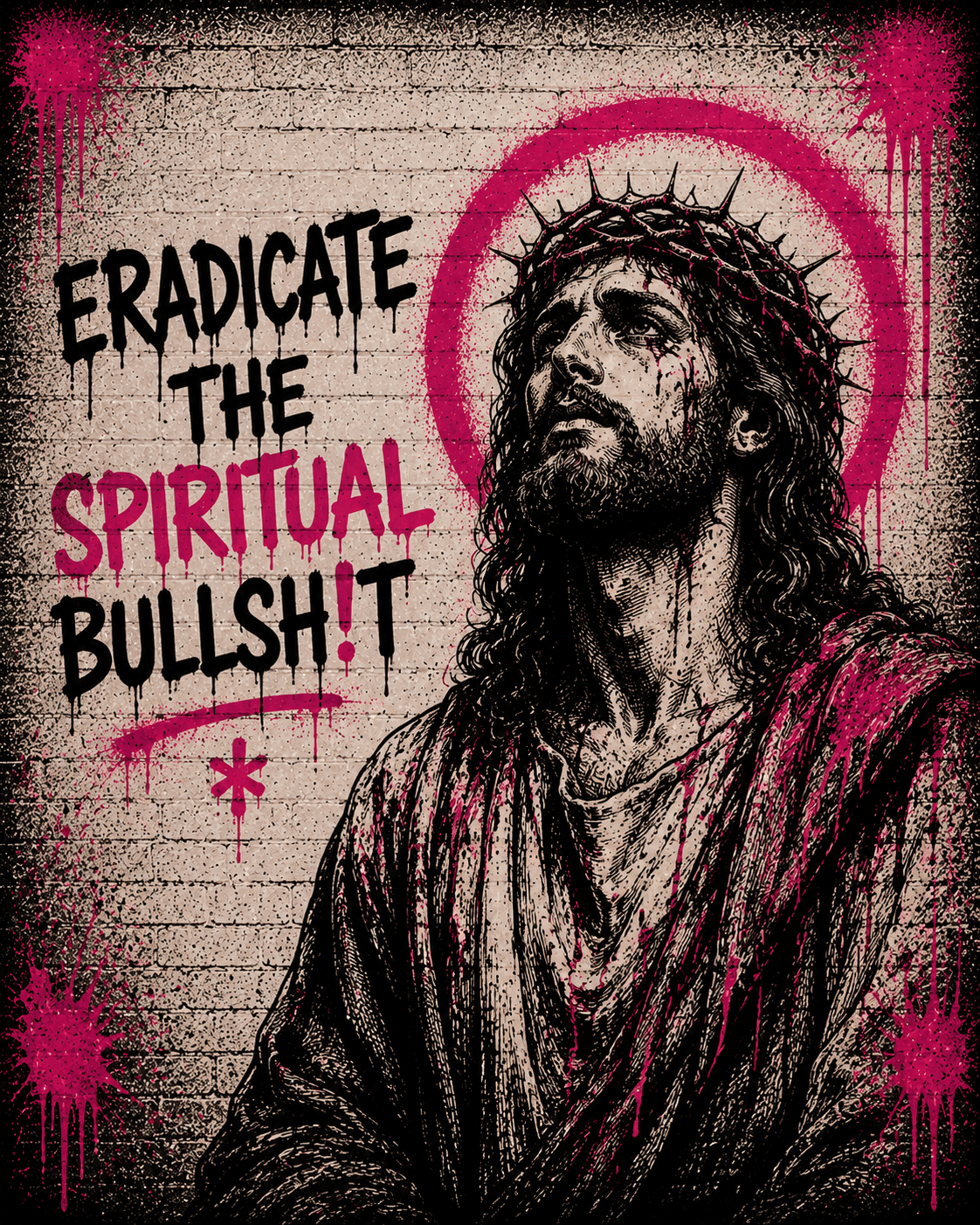 A crowned, weeping devotional figure beneath the words 'Eradicate the Spiritual Bullsh!t'.