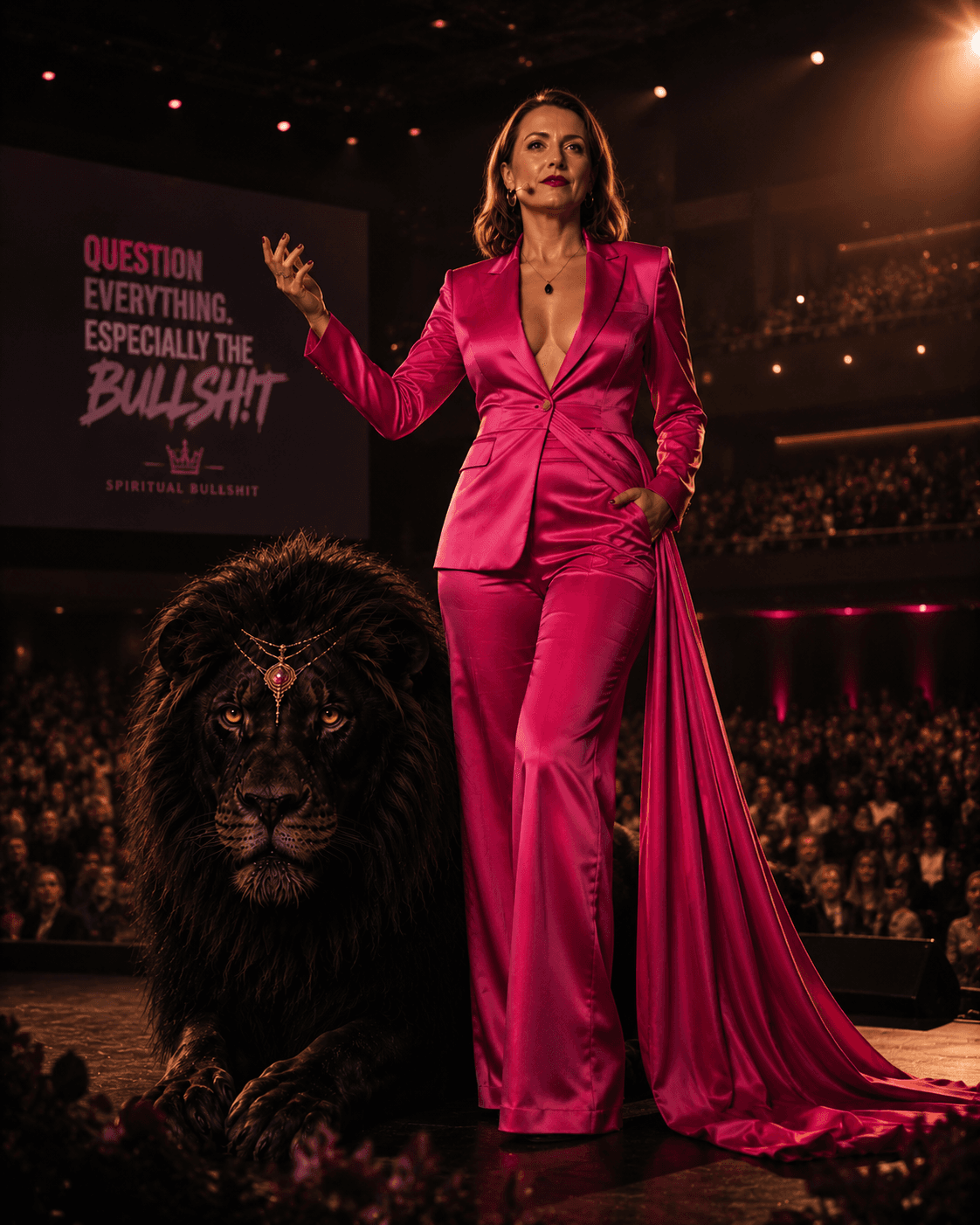 A woman in a pink suit walks a cliff edge beside a black lion, a solar eclipse and mountains behind them.