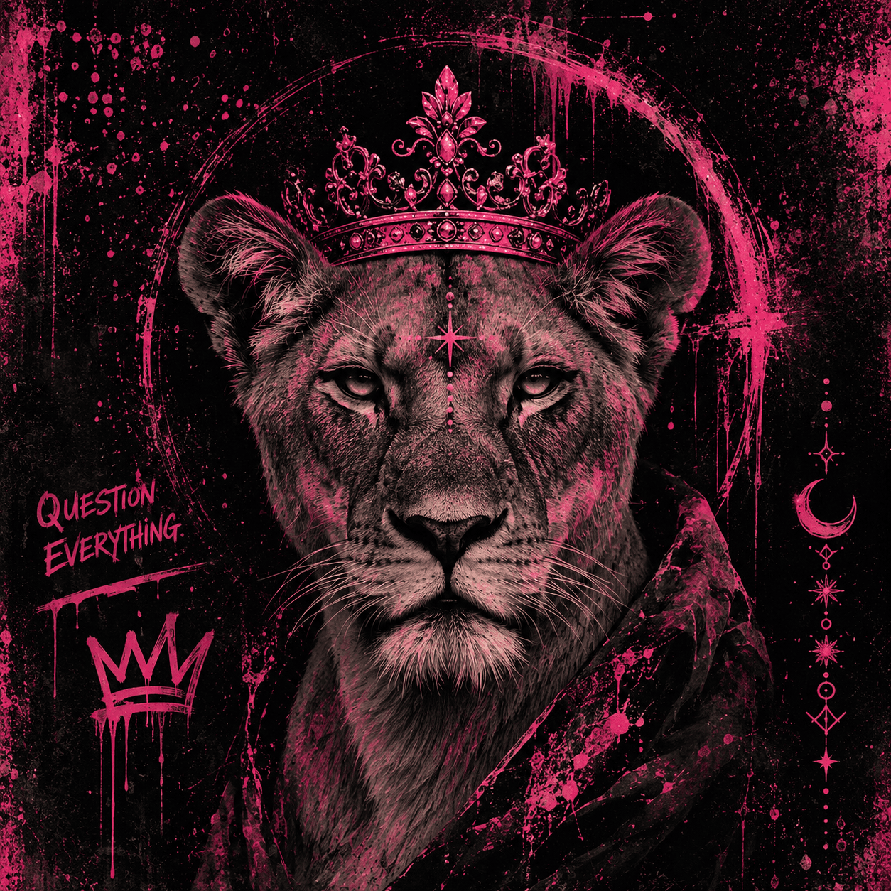 A lioness wearing a jewelled pink crown and dark robe, looking directly ahead, surrounded by moon and star symbols.