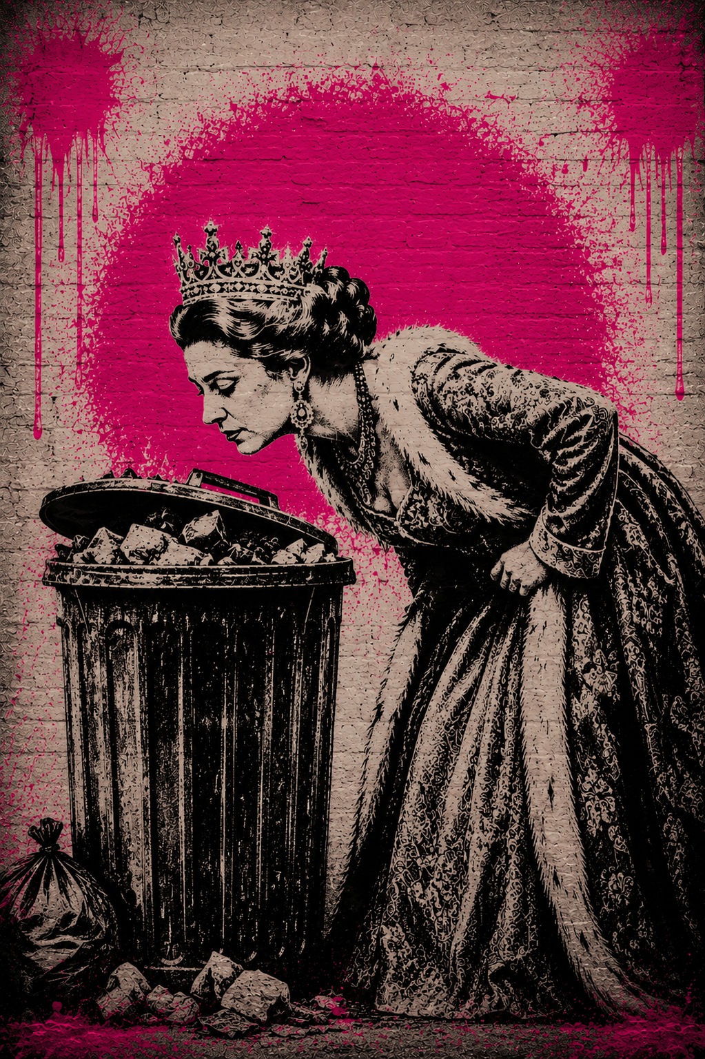 A crowned, bejewelled woman in a fur-trimmed gown leans disdainfully into an open trash can.